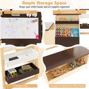 Kids art table and bench set with double-sided easel, storage compartments, and bookshelf for creative play.