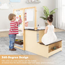 Kids art table and bench set with 360-degree design, featuring adjustable easel and spacious under-bench storage for.