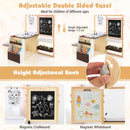 Kids art table and bench set with adjustable double-sided easel, featuring chalkboard and whiteboard for creative play.