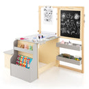 Kids art table and bench set with double-sided easel, featuring storage trays and adjustable height for creative play.