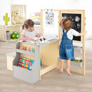 Kids art table and bench set with double-sided easel, featuring chalkboard and whiteboard for creative play.