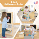 Kids art table and bench set with adjustable easel, featuring chalkboard and whiteboard for creative play and learning.