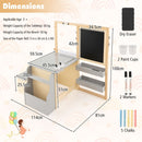 Detail view of the kids art table's storage compartments and adjustable easel, designed for creative play and.