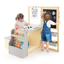 Kids art table and bench set with double-sided easel, featuring a chalkboard and magnetic whiteboard for creative play.