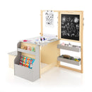Multifunctional kids art table with storage compartments, double-sided easel, and wide bench for creative activities.