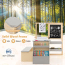 Kids art table and bench set with double-sided easel in grey, perfect for creative play and organization for children.