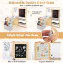 Kids art table and bench set with adjustable double-sided easel, featuring chalkboard and magnetic whiteboard for.