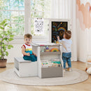 Kids using a light grey art table and bench set, featuring a double-sided easel for drawing and creative activities.