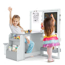 Kids art table and bench set in light grey with double-sided easel, perfect for creative play and organization.