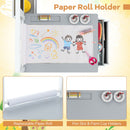 Kids art table with replaceable paper roll, pen slot, and paint cup holders, perfect for creative play and organization.