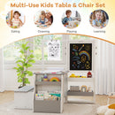 Kids art table and bench set in light grey with double-sided easel for drawing, playing, and learning activities.