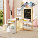 Kids art table and bench set with double-sided easel, featuring storage trays and adjustable height for creative play.