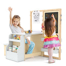 Kids art table and bench set with double-sided easel, featuring storage and adjustable height for creative play.