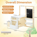Kids art table and bench set with adjustable easel, featuring storage trays and a chalkboard for creative play.
