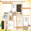 Double-sided kids art easel with magnetic whiteboard and chalkboard, height-adjustable for versatile creative play.