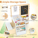 Kids art table and bench set featuring double-sided easel, storage compartments, and adjustable height for versatile.