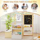 Kids art table and bench set with double-sided easel, adjustable height, and storage for creative play and learning.