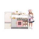 Wooden Play Kitchen with Refrigerator and BBQ Grill – Beige, Grey & Pink
