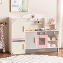 Wooden Play Kitchen with Refrigerator and BBQ Grill – Beige, Grey & Pink