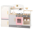 Wooden Play Kitchen with Refrigerator and BBQ Grill – Beige, Grey & Pink