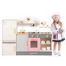 Wooden Play Kitchen with Refrigerator and BBQ Grill – Beige, Grey & Pink