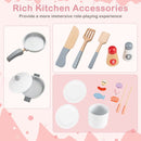 Wooden Play Kitchen with Refrigerator and BBQ Grill – Beige, Grey & Pink