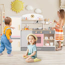 Wooden Play Kitchen with Refrigerator and BBQ Grill – Beige, Grey & Pink