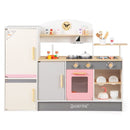 Wooden Play Kitchen with Refrigerator and BBQ Grill – Beige, Grey & Pink