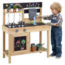 Kids mud kitchen with stoves, sinks and chalkboards