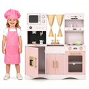 Wooden Play Kitchen with Curtains and Chef Uniform – Pink