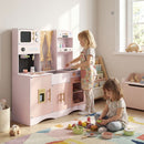 Wooden Play Kitchen with Curtains and Chef Uniform – Pink