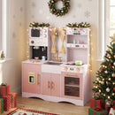 Wooden Play Kitchen with Curtains and Chef Uniform – Pink