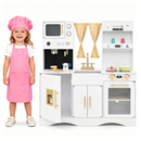 Wooden Play Kitchen with Curtains and Chef Uniform – White