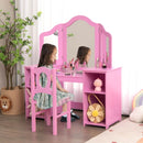 Kids vanity table set in pink with tri-fold mirror and matching chair, perfect for imaginative play and storage.