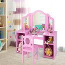 Kids vanity table set in pink with removable tri-fold mirror and matching chair, perfect for imaginative play and.