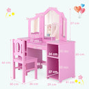 Kids vanity table set in pink with removable tri-fold mirror, chair, and storage shelves for creative play and grooming.
