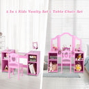 Kids vanity set in pink featuring a large tri-fold mirror and a matching chair, ideal for grooming and creative play.