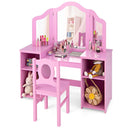 Kids vanity table set in pink with tri-fold mirror and matching chair, featuring storage shelves for toys and.