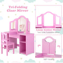 Removable tri-fold mirror on a pink kids vanity table set with storage shelves, suitable for grooming and creative play.
