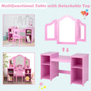 Kids vanity table set in pink with removable tri-fold mirror and storage shelves, perfect for imaginative play and.