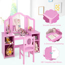 Kids vanity table set in pink with removable tri-fold mirror, storage shelves, and matching chair for imaginative play.