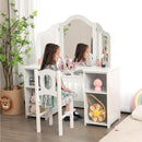 Kids vanity table set in white with tri-fold mirror and storage shelves, perfect for imaginative play and grooming.