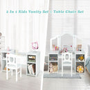 Kids vanity table set with removable tri-fold mirror and chair, featuring storage shelves for toys and accessories.