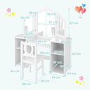 Kids vanity table set in white with removable tri-fold mirror, storage shelves, and matching chair for imaginative play.