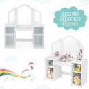 Kids vanity table set with removable tri-fold mirror, white finish, and ample storage for toys and accessories.