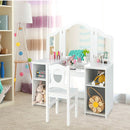 Kids vanity chair in white with backrest, designed for comfort and paired with a stylish vanity for imaginative play.