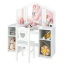 Kids vanity table set with tri-fold mirror and chair, white finish, features storage shelves for toys and accessories.