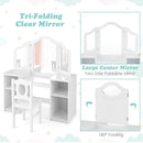 Kids vanity table set with removable tri-fold mirror, white finish, and storage shelves for creative play and grooming.