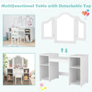 White kids vanity table with detachable tri-fold mirror, featuring two storage compartments for organizing toys and.