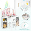 Kids vanity table set in white with tri-fold mirror, storage shelves, and matching chair for creative play and grooming.